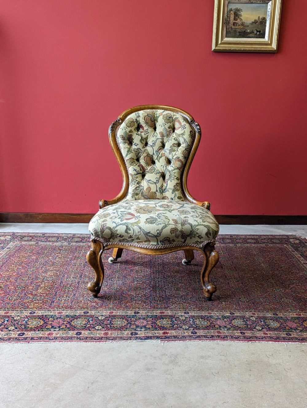 Antique Victorian Walnut Button Back Floral Easy Chair View II