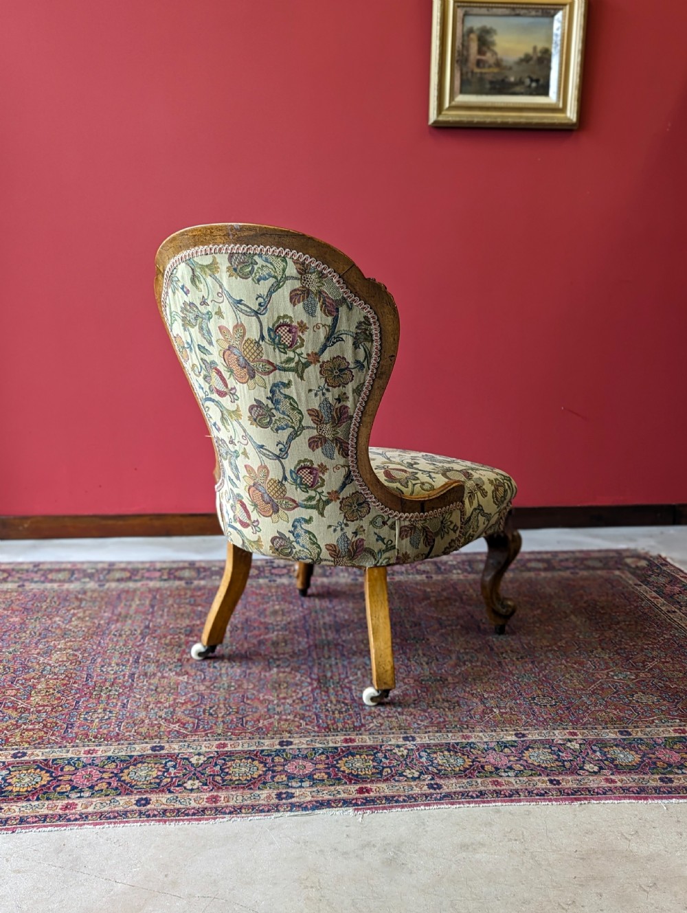 Antique Victorian Walnut Button Back Floral Easy Chair View III