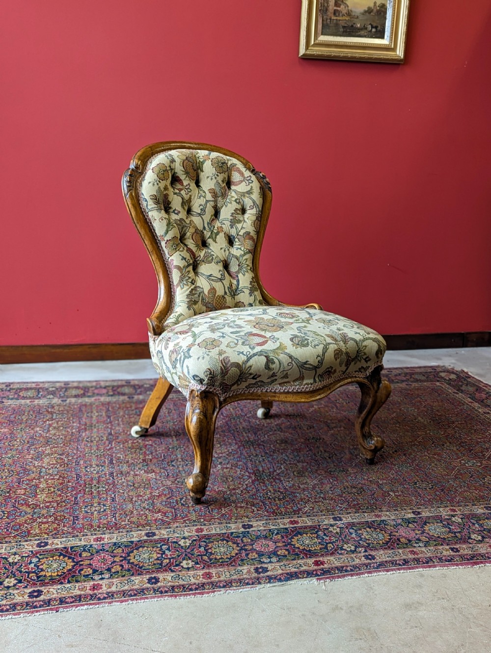 Antique Victorian Walnut Button Back Floral Easy Chair View IV