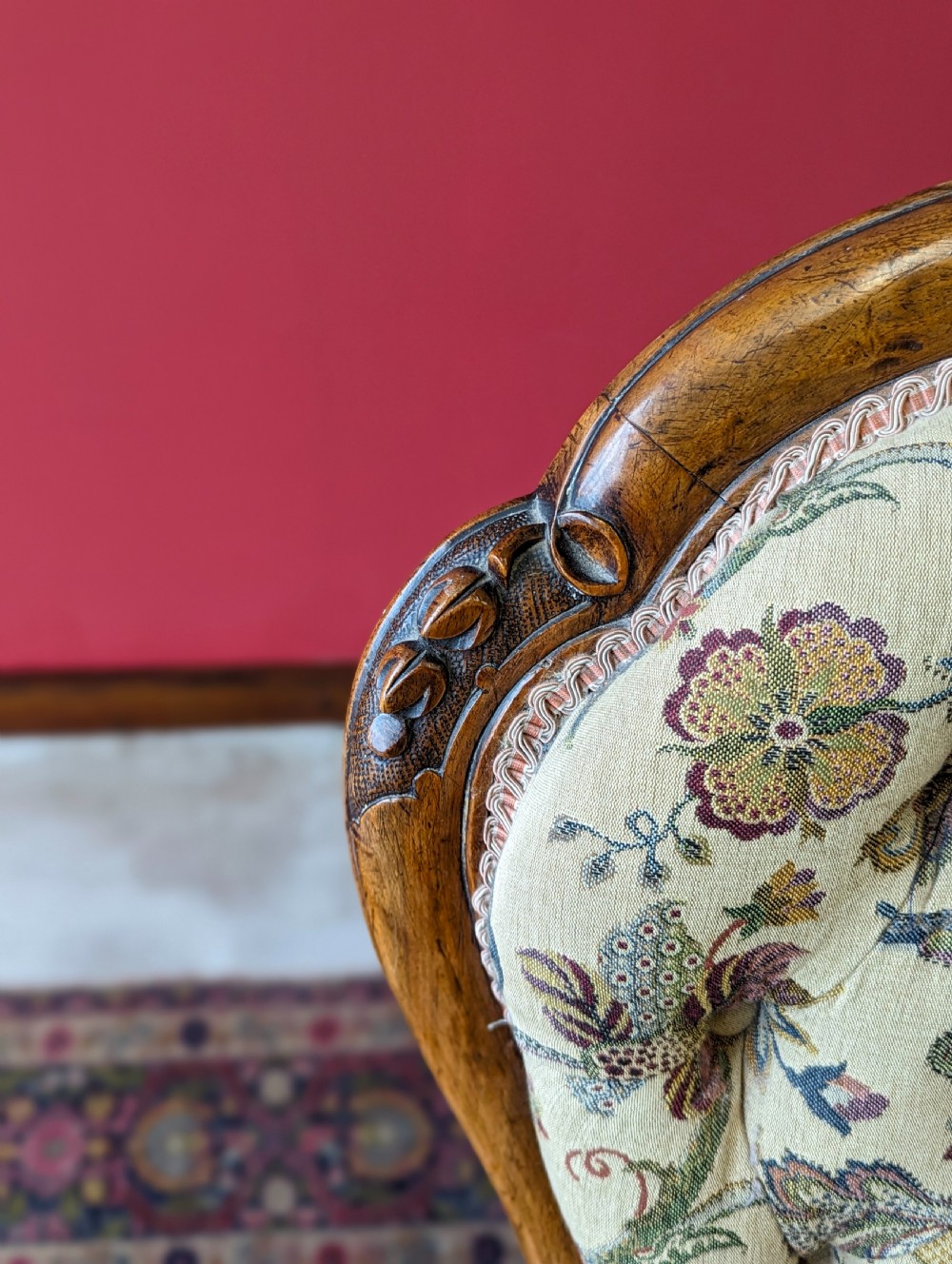 Antique Victorian Walnut Button Back Floral Easy Chair View V