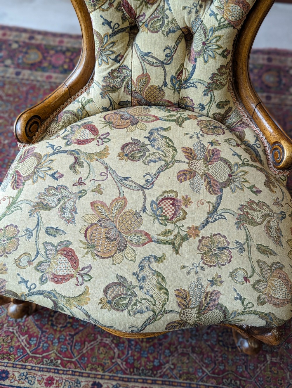 Antique Victorian Walnut Button Back Floral Easy Chair View VI