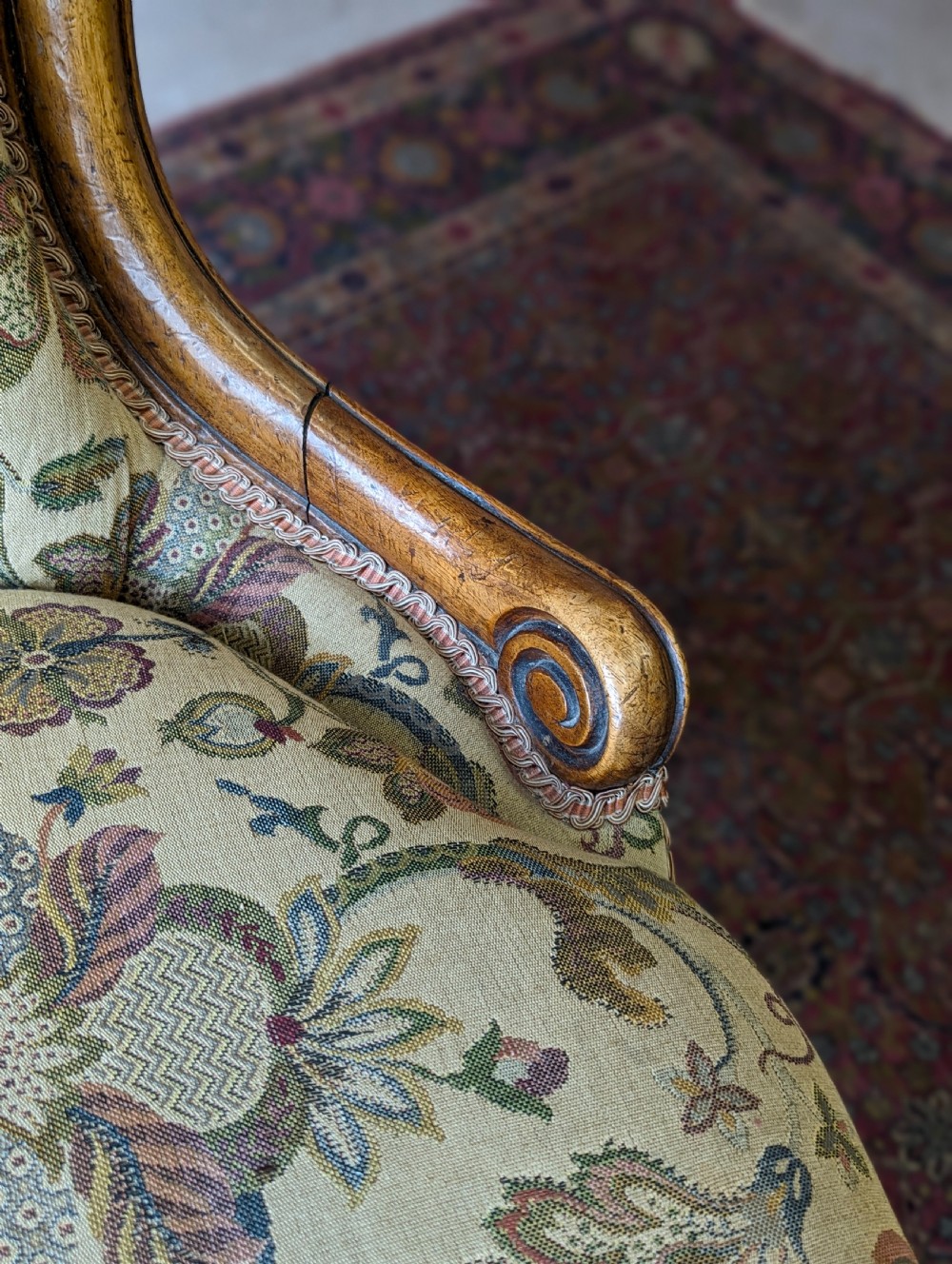 Antique Victorian Walnut Button Back Floral Easy Chair View VIII