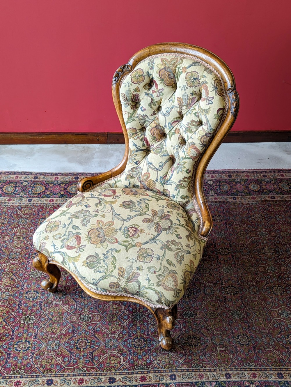 Antique Victorian Walnut Button Back Floral Easy Chair View IX