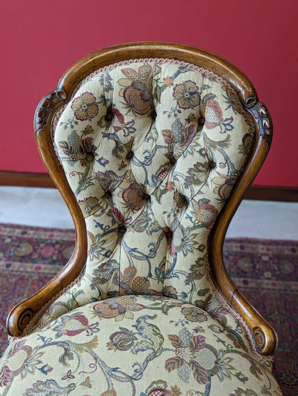 Antique Victorian Walnut Button Back Floral Easy Chair View X