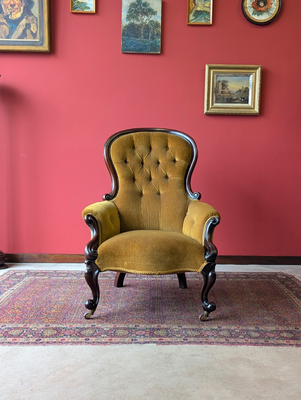 Victorian Carved Mahogany Button Back Fireside Gentleman’s Armchair