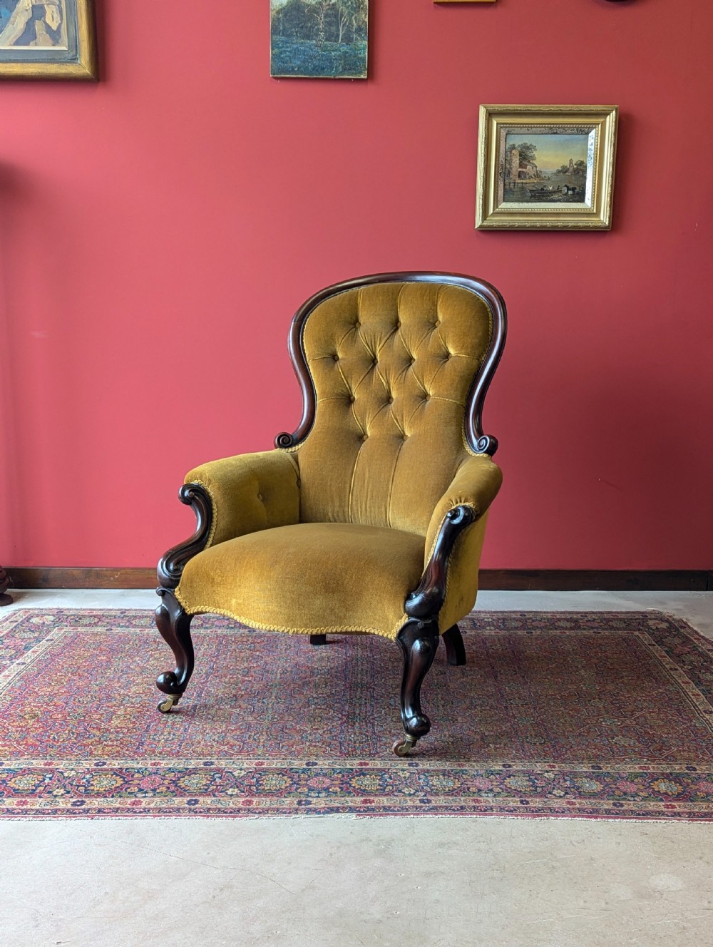 Victorian Carved Mahogany Button Back Fireside Gentleman’s Armchair View II