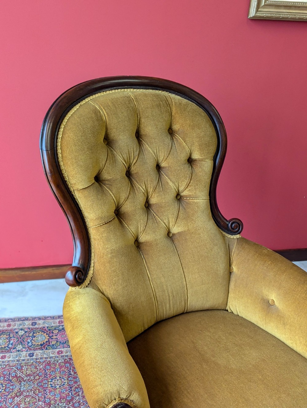 Victorian Carved Mahogany Button Back Fireside Gentleman’s Armchair View III