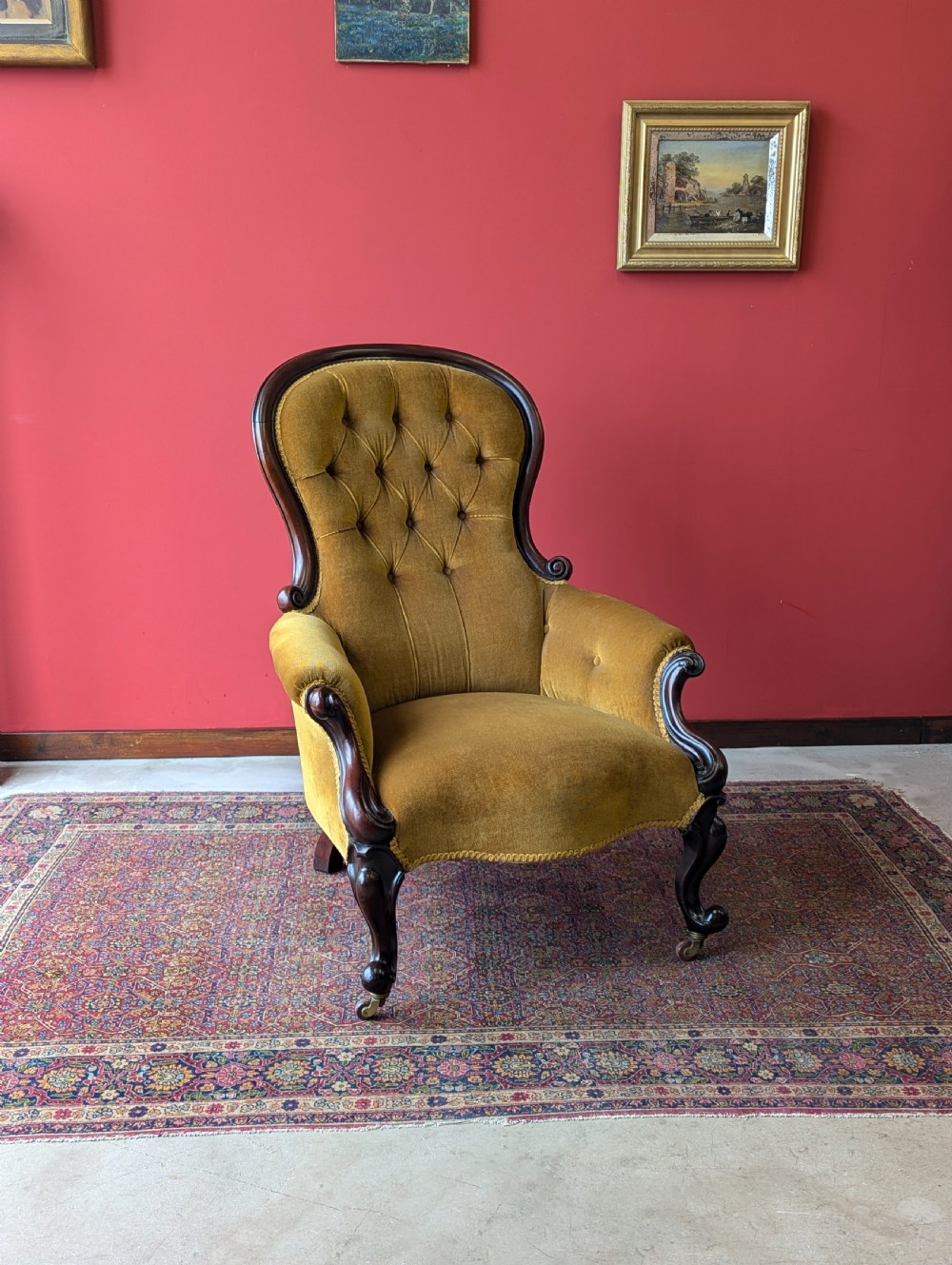 Victorian Carved Mahogany Button Back Fireside Gentleman’s Armchair View IV