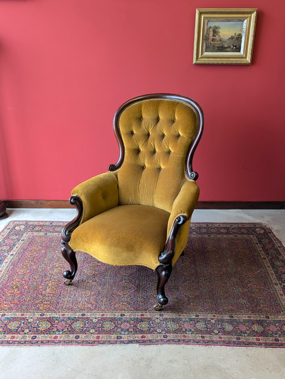 Victorian Carved Mahogany Button Back Fireside Gentleman’s Armchair View V