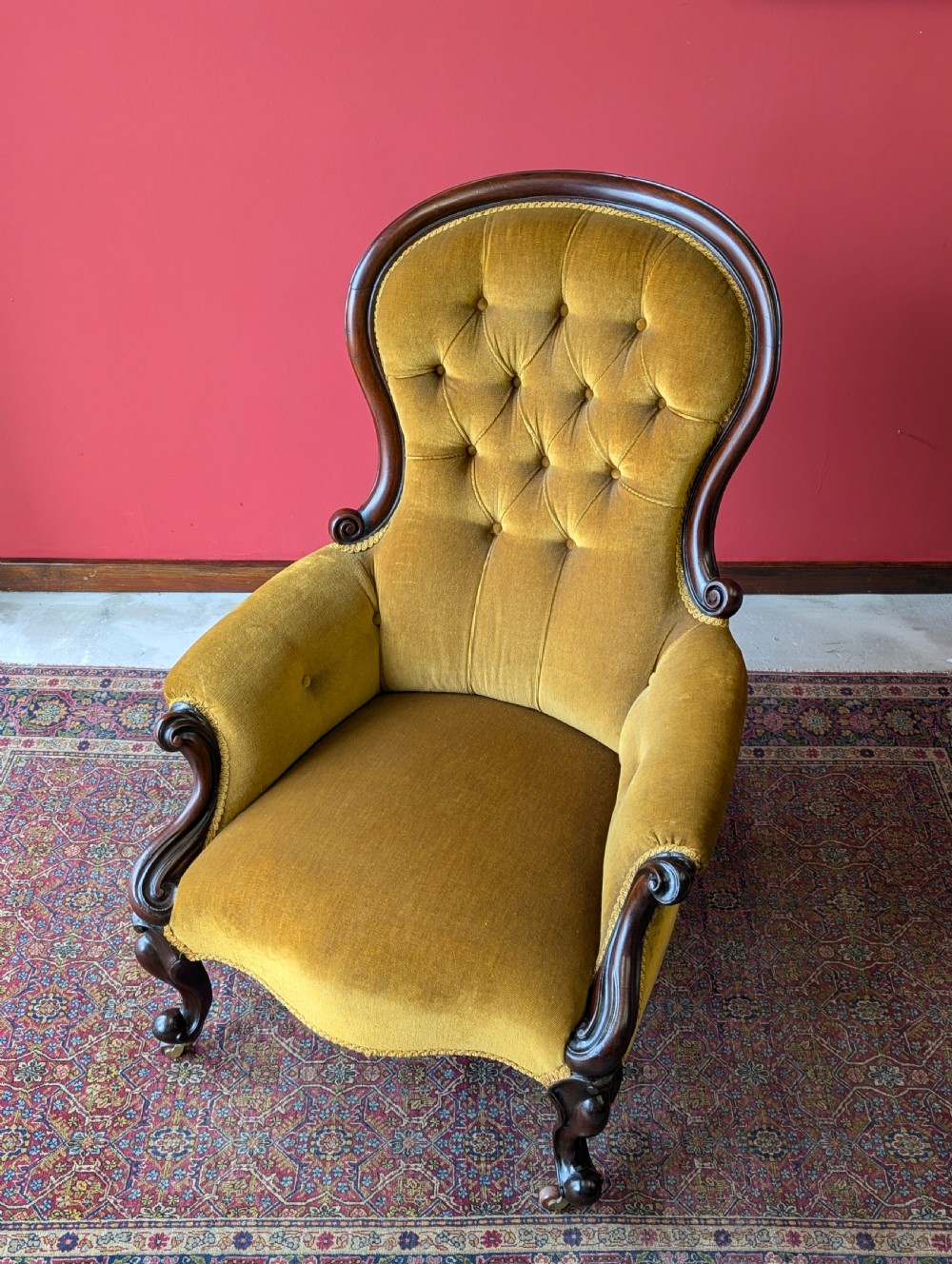 Victorian Carved Mahogany Button Back Fireside Gentleman’s Armchair View IX