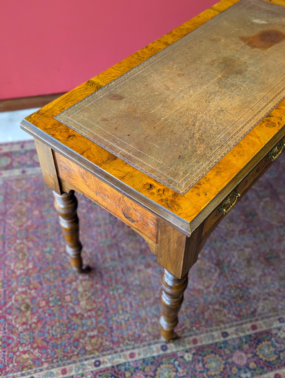 Antique Victorian Burr Walnut Library Table / Desk View II