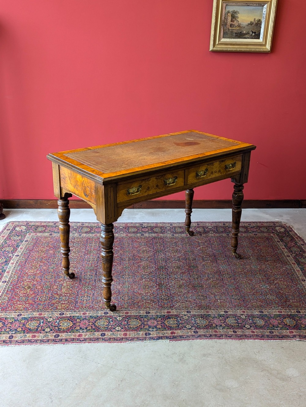 Antique Victorian Burr Walnut Library Table / Desk View III