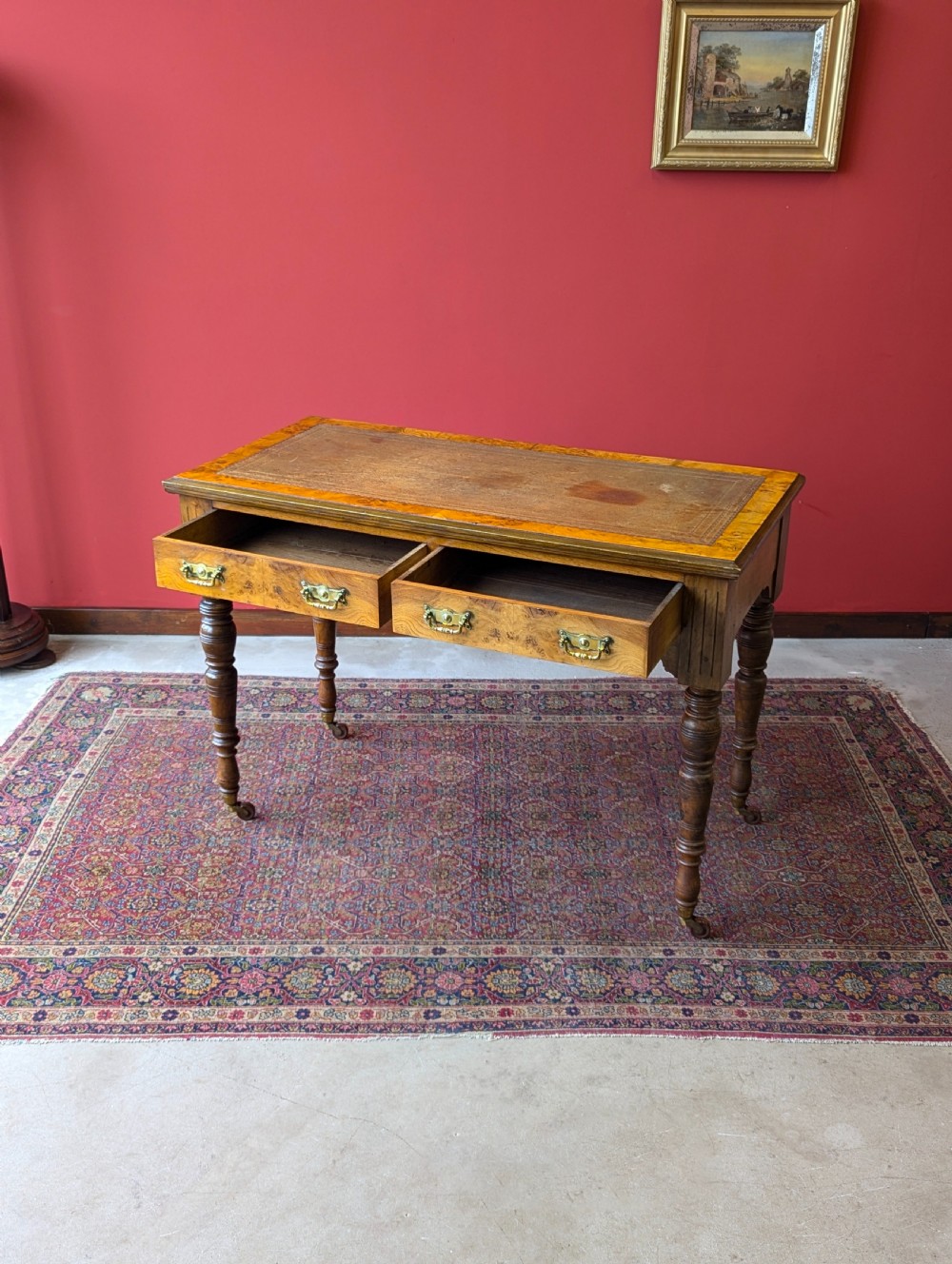 Antique Victorian Burr Walnut Library Table / Desk View V