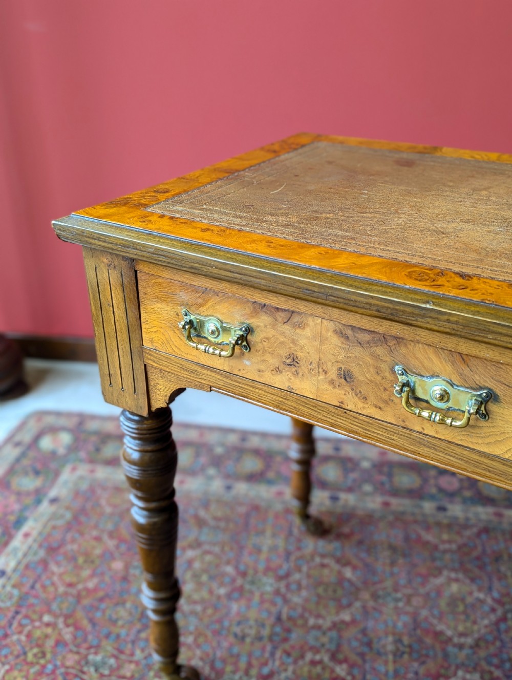 Antique Victorian Burr Walnut Library Table / Desk View VI