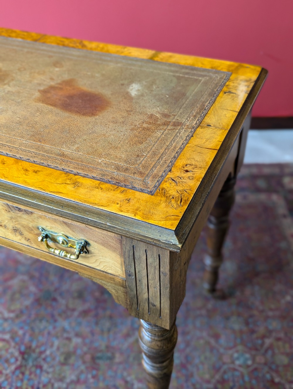 Antique Victorian Burr Walnut Library Table / Desk View VII