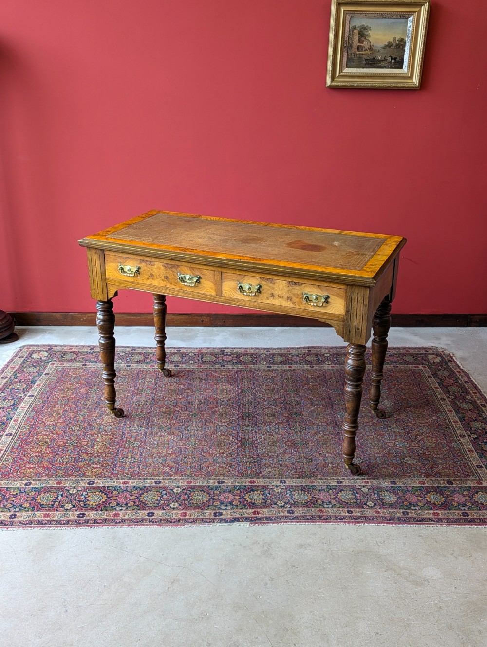Antique Victorian Burr Walnut Library Table / Desk View IX