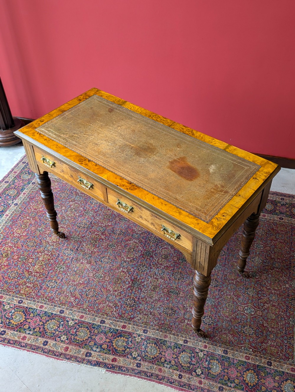 Antique Victorian Burr Walnut Library Table / Desk View X