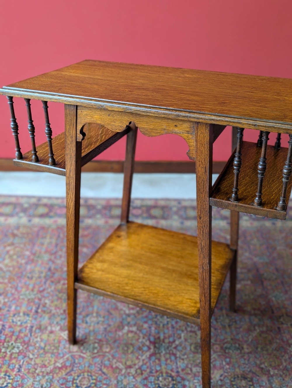 Antique Arts & Crafts Oak Side Table with Bookshelves View II