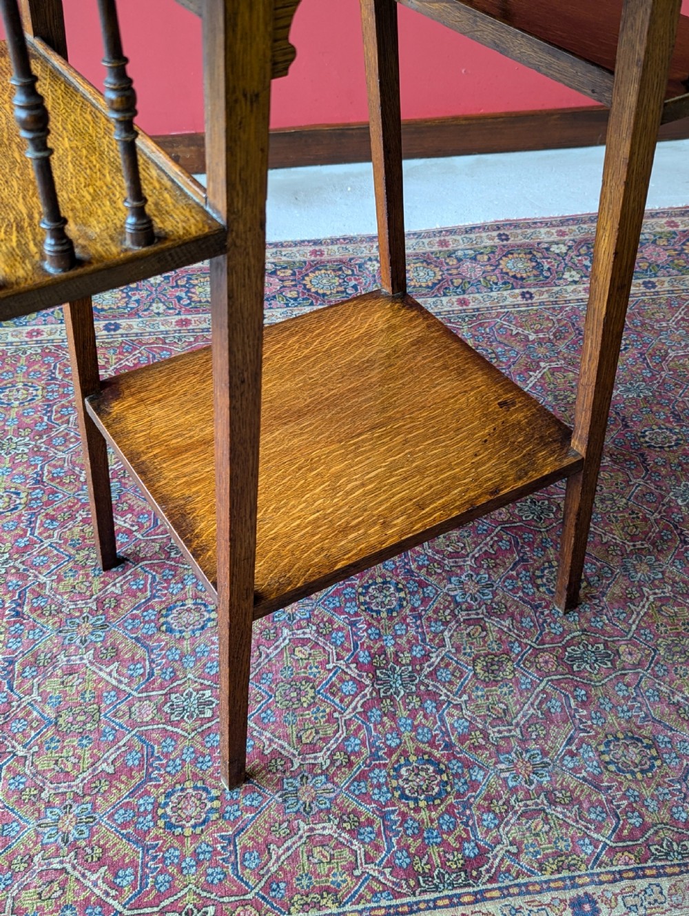 Antique Arts & Crafts Oak Side Table with Bookshelves View IV