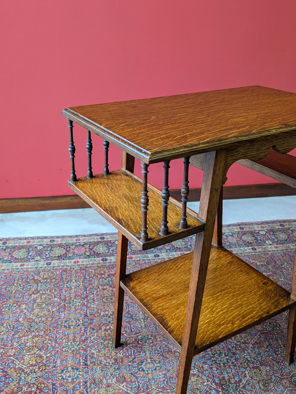 Antique Arts & Crafts Oak Side Table with Bookshelves View V