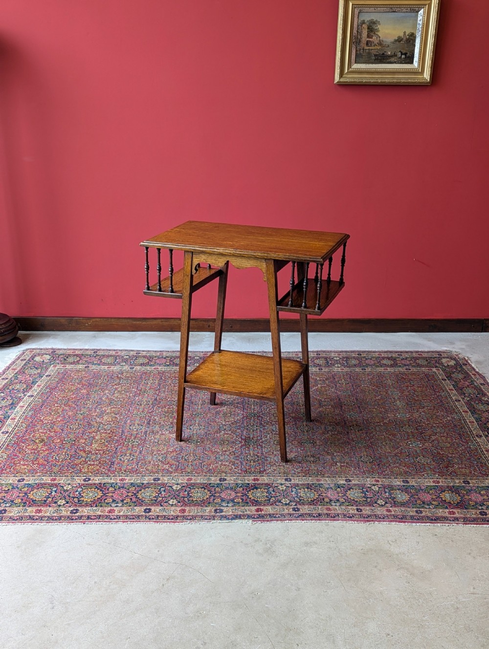 Antique Arts & Crafts Oak Side Table with Bookshelves View VIII