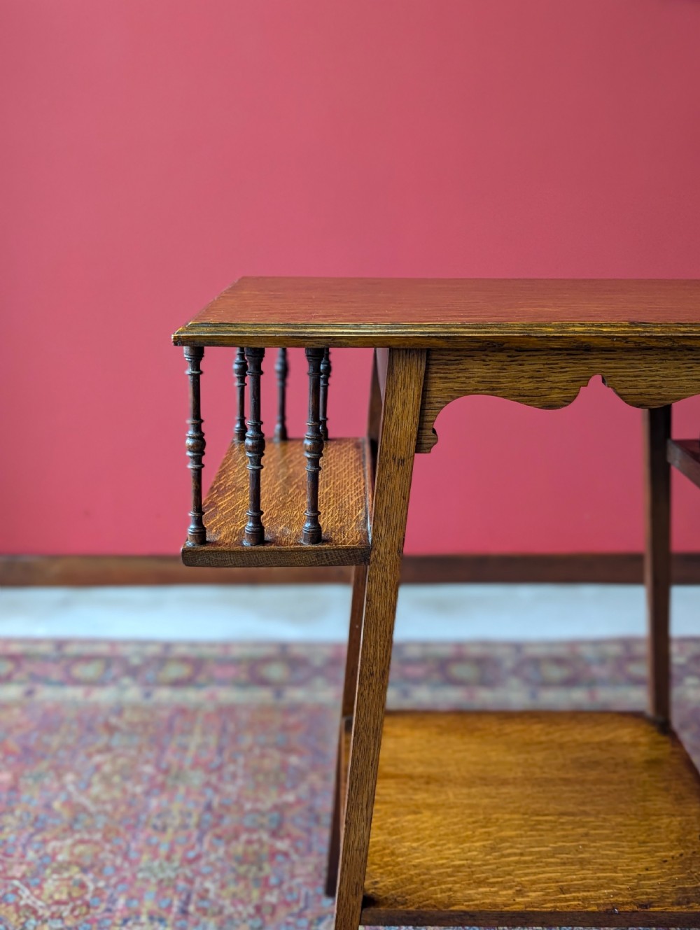 Antique Arts & Crafts Oak Side Table with Bookshelves View IX