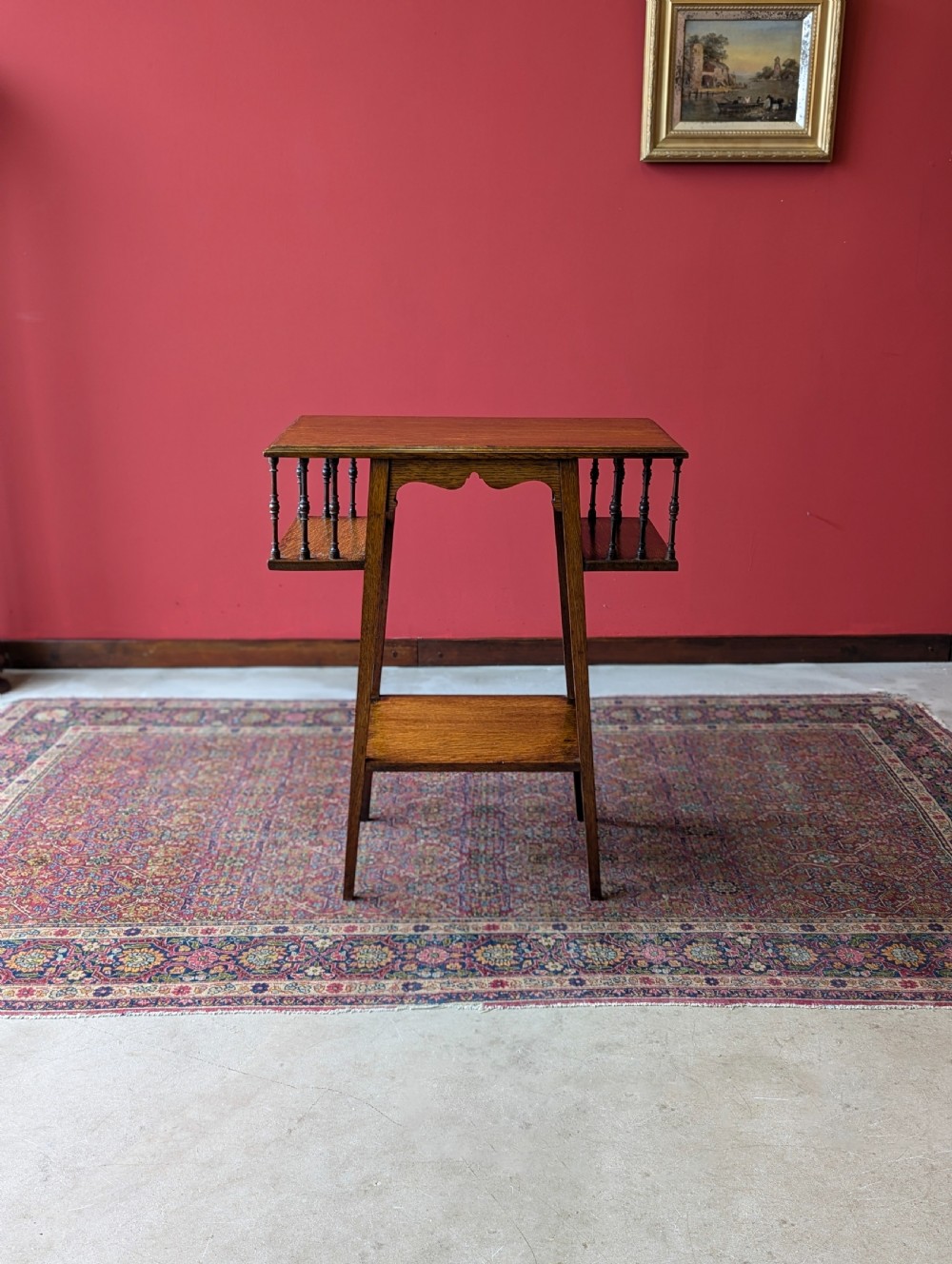 Antique Arts & Crafts Oak Side Table with Bookshelves View X