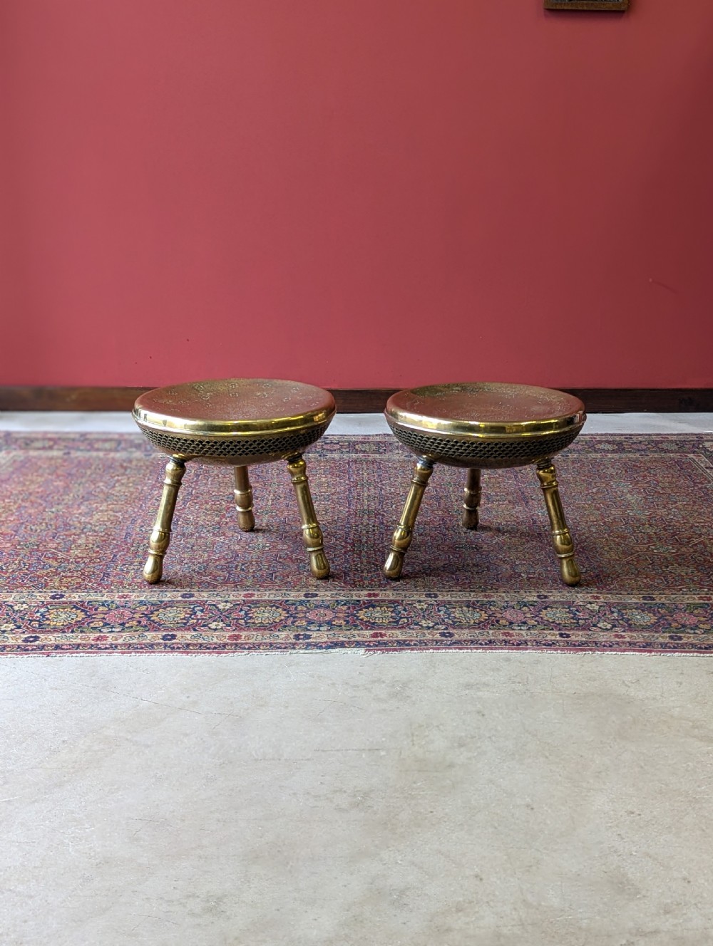 Pair of Antique Early 20th Century Engraved Brass Tripod Stools
