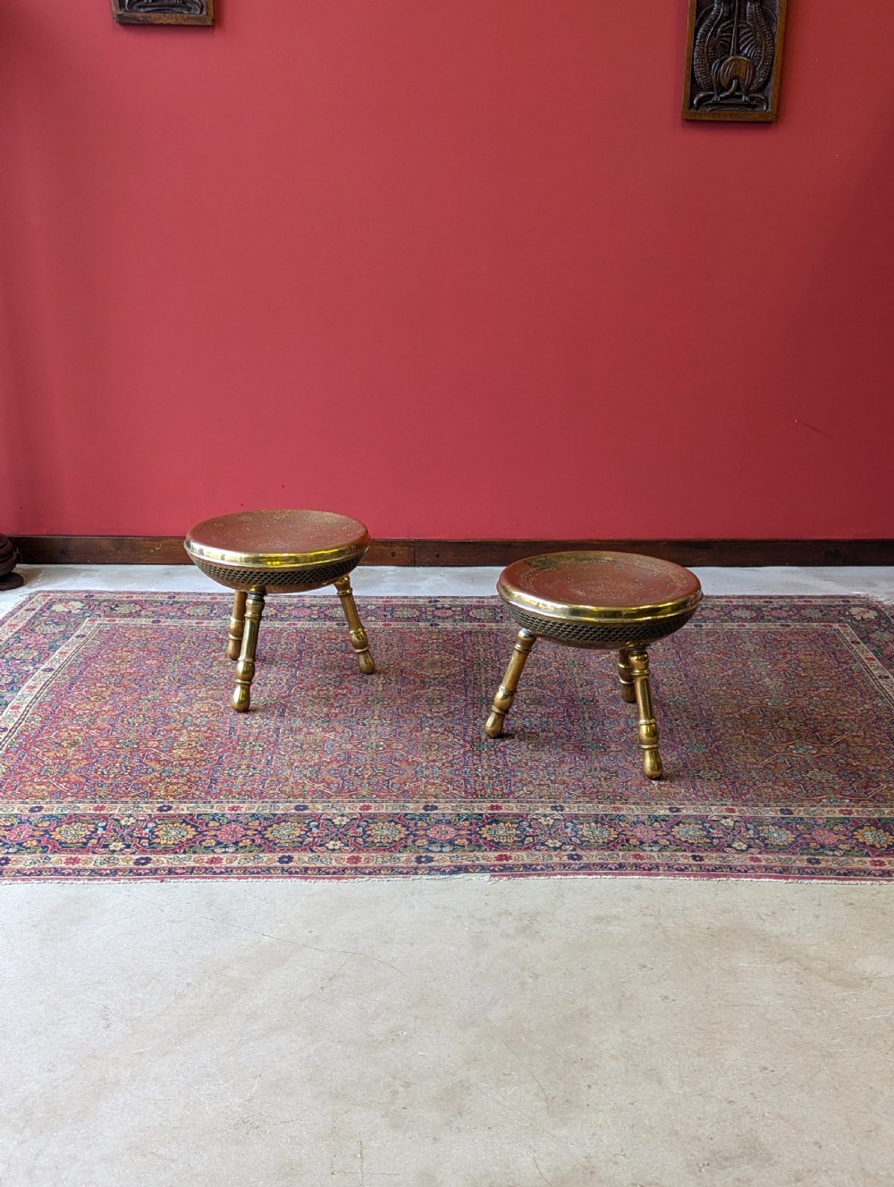 Pair of Antique Early 20th Century Engraved Brass Tripod Stools View II
