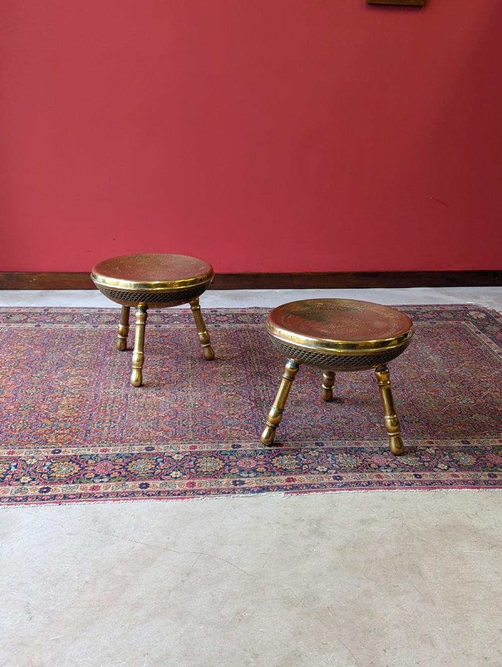 Pair of Antique Early 20th Century Engraved Brass Tripod Stools View III