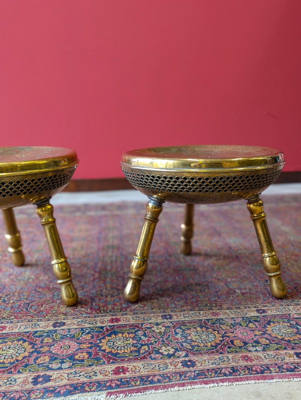 Pair of Antique Early 20th Century Engraved Brass Tripod Stools View IV