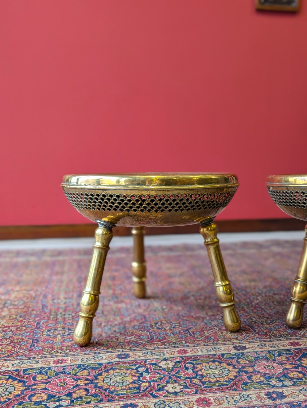 Pair of Antique Early 20th Century Engraved Brass Tripod Stools View V