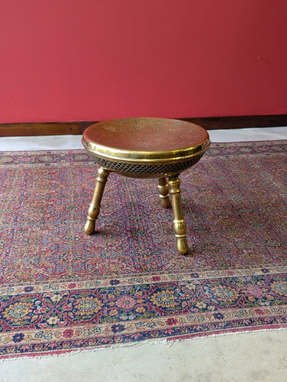 Pair of Antique Early 20th Century Engraved Brass Tripod Stools View VI
