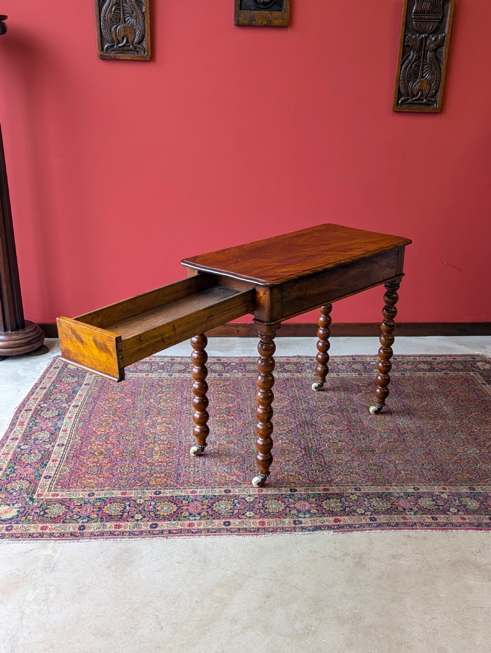 Antique 19th Century Beech Bobbin Side Table with Drawer View III