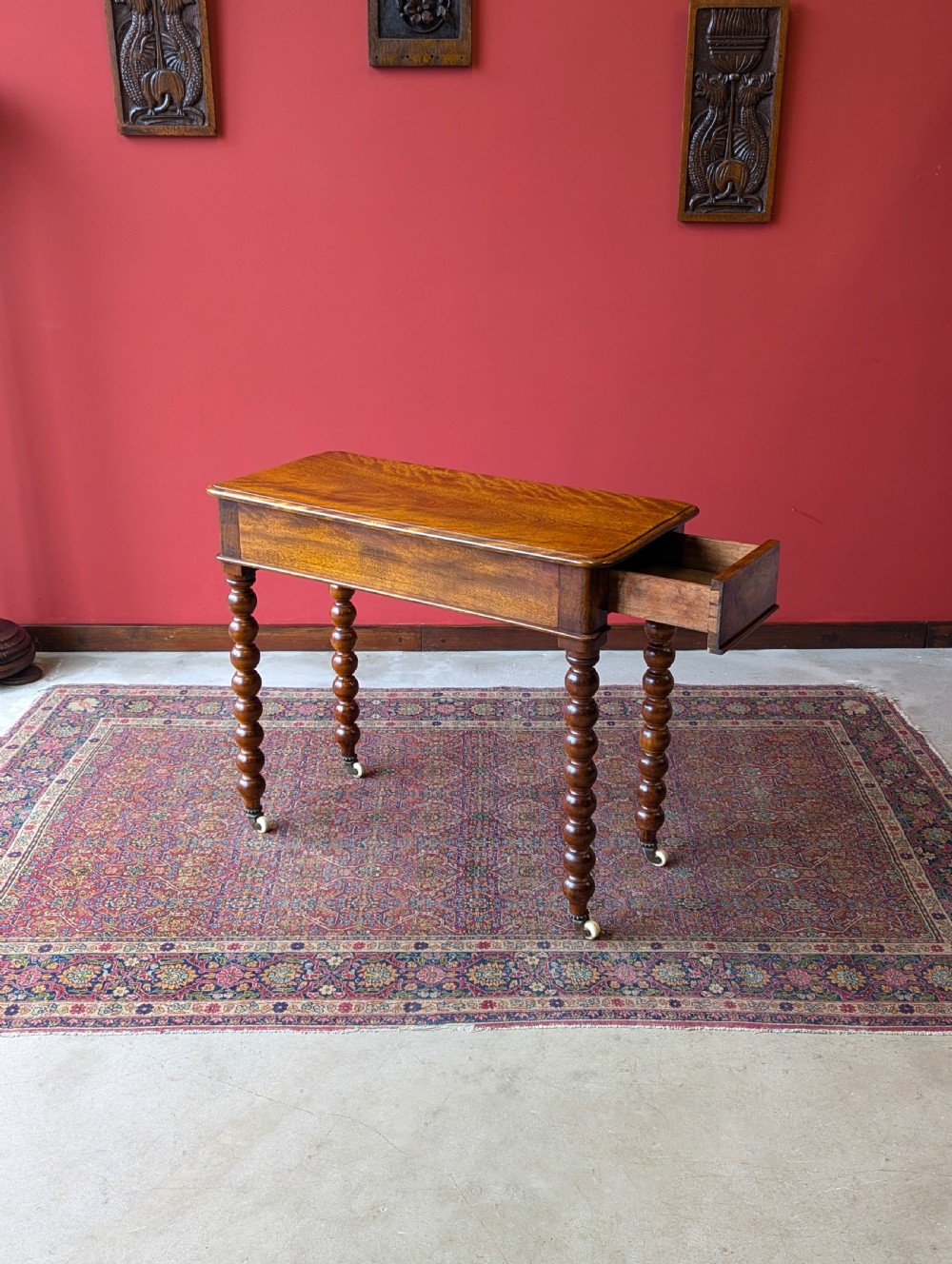 Antique 19th Century Beech Bobbin Side Table with Drawer View V