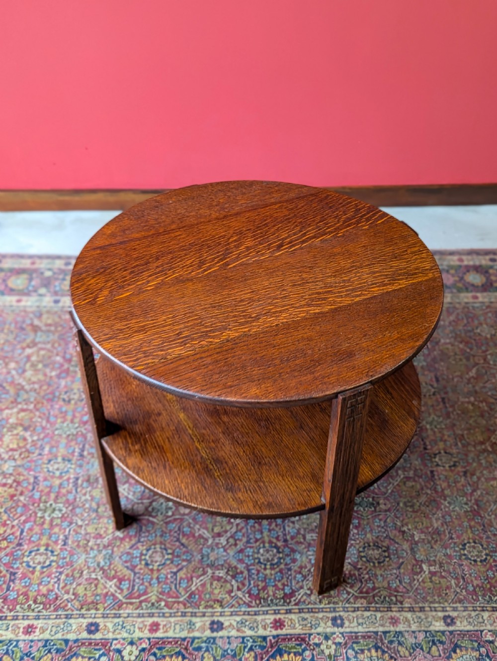 1930’s Art Deco Circular Two Tier Oak Coffee Table View IX