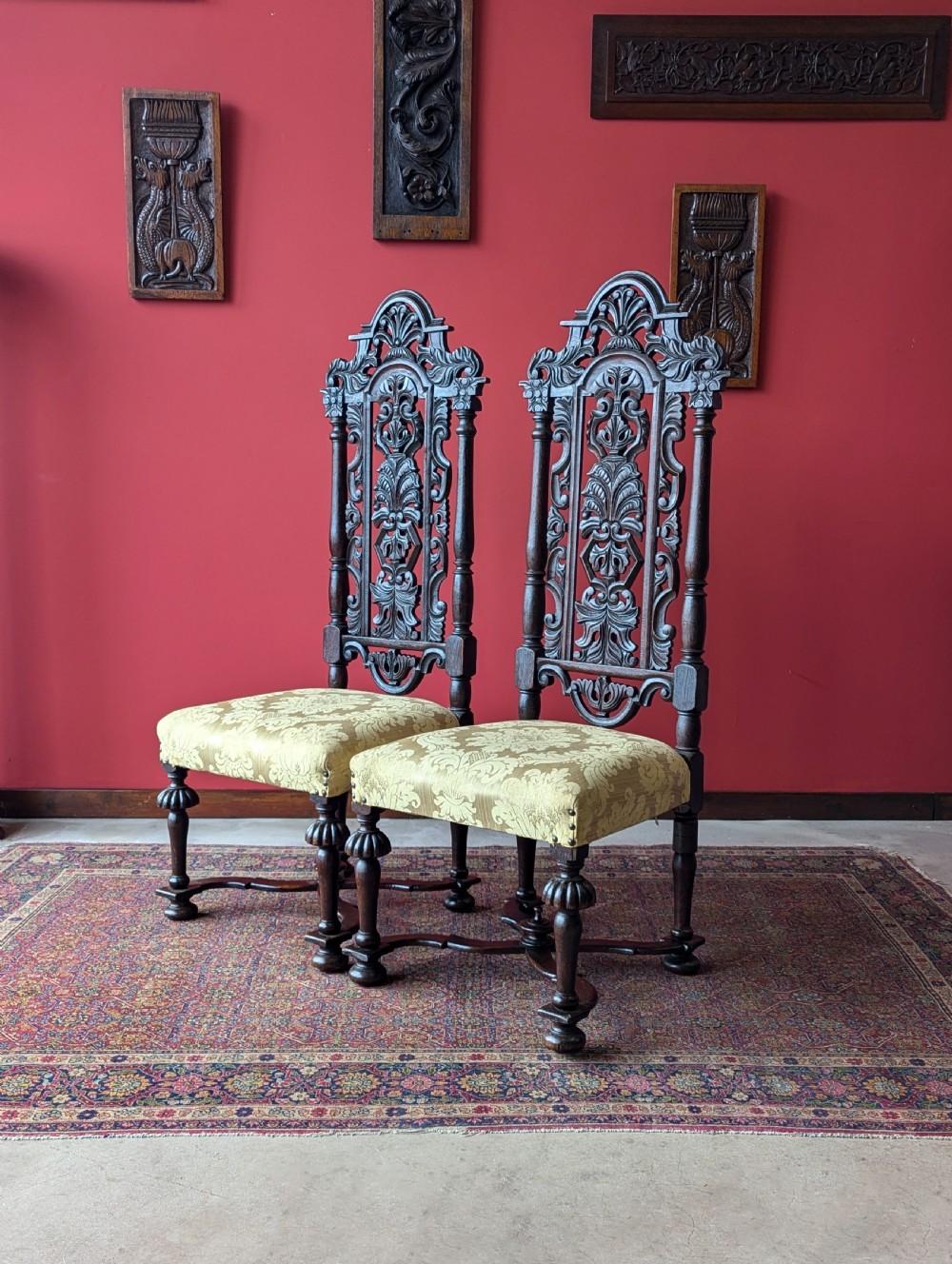 Pair of Antique Late 19th Century Oak William & Mary Style High Back Side Chairs View II