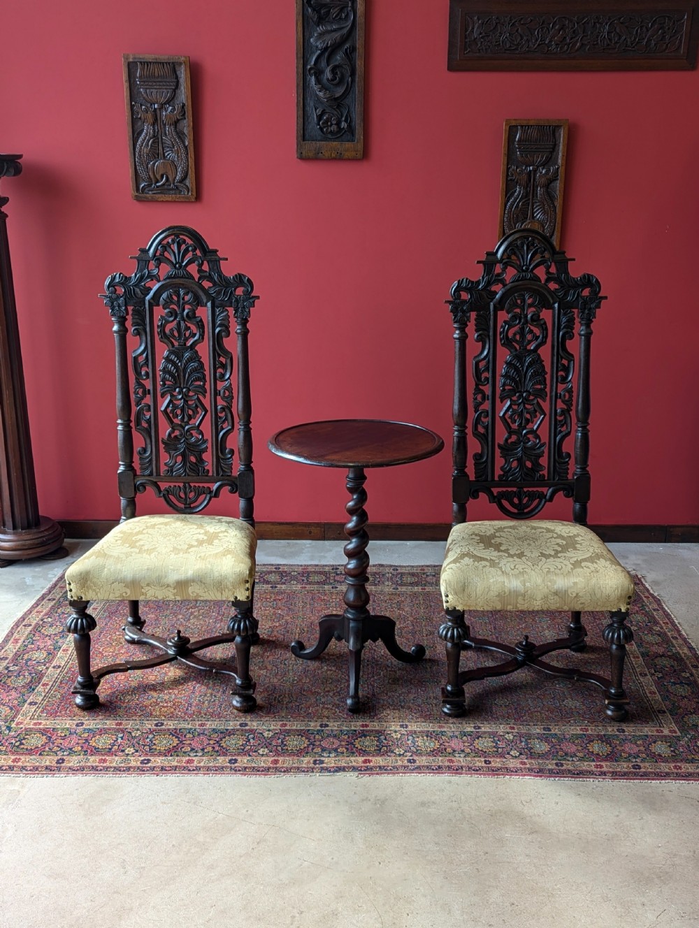 Pair of Antique Late 19th Century Oak William & Mary Style High Back Side Chairs View III