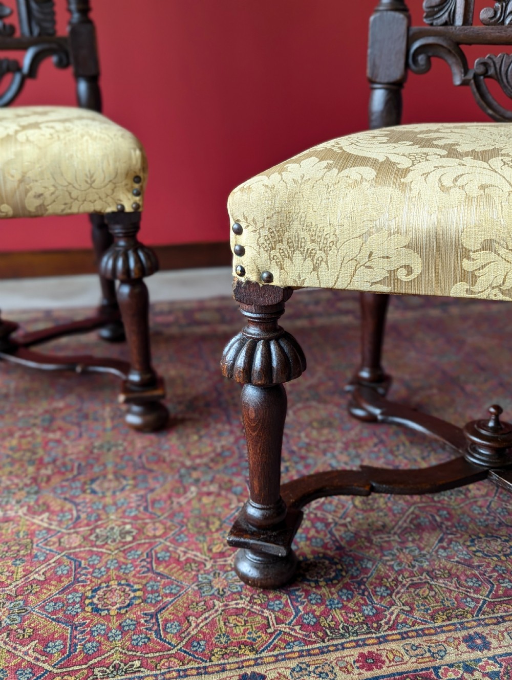 Pair of Antique Late 19th Century Oak William & Mary Style High Back Side Chairs View VI