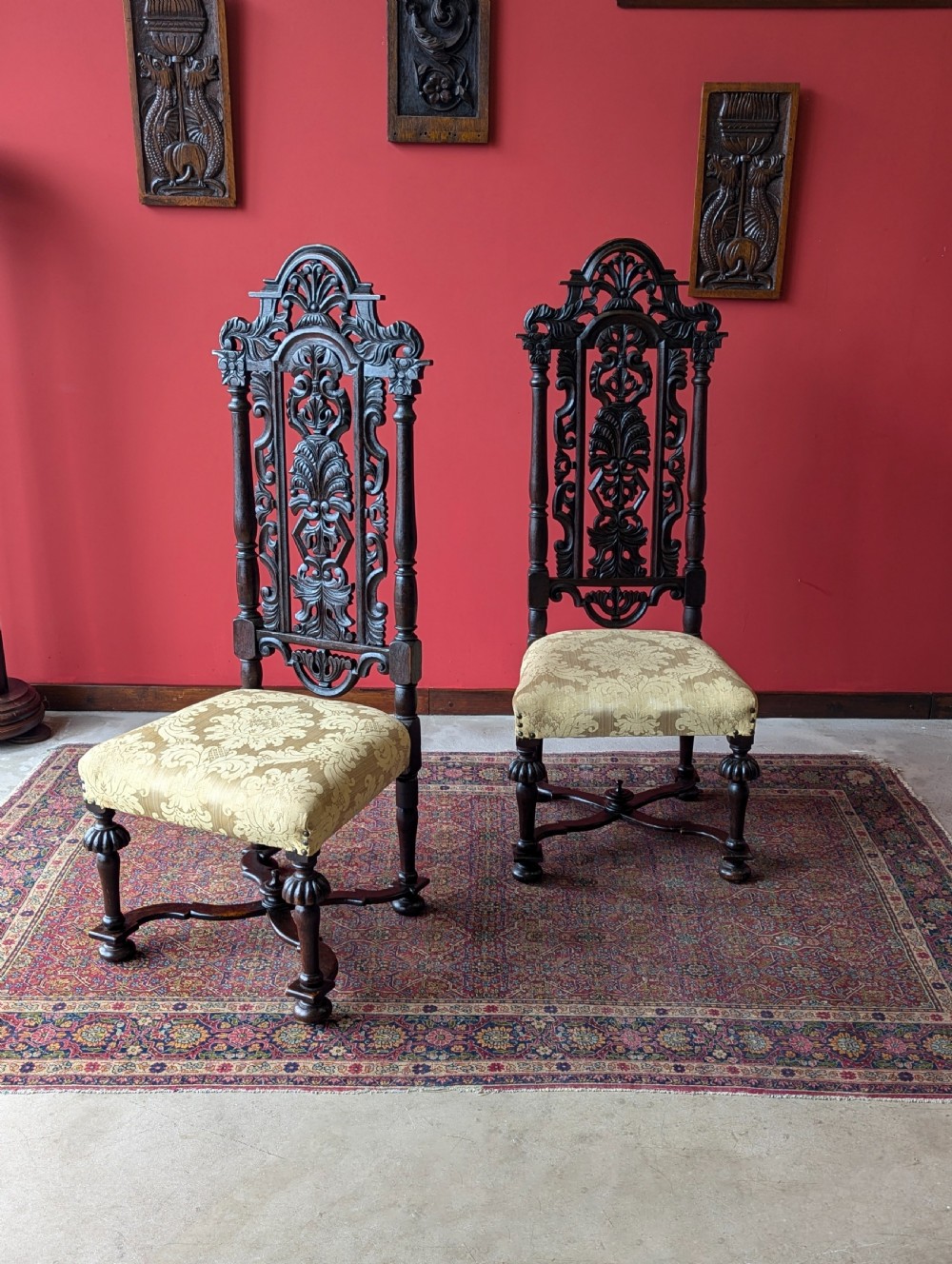Pair of Antique Late 19th Century Oak William & Mary Style High Back Side Chairs View VII