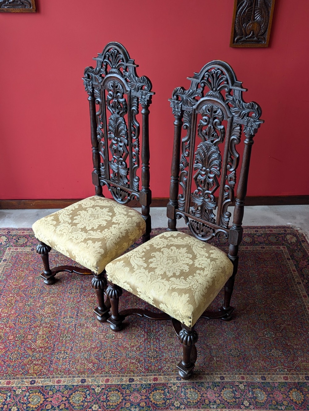 Pair of Antique Late 19th Century Oak William & Mary Style High Back Side Chairs View VIII