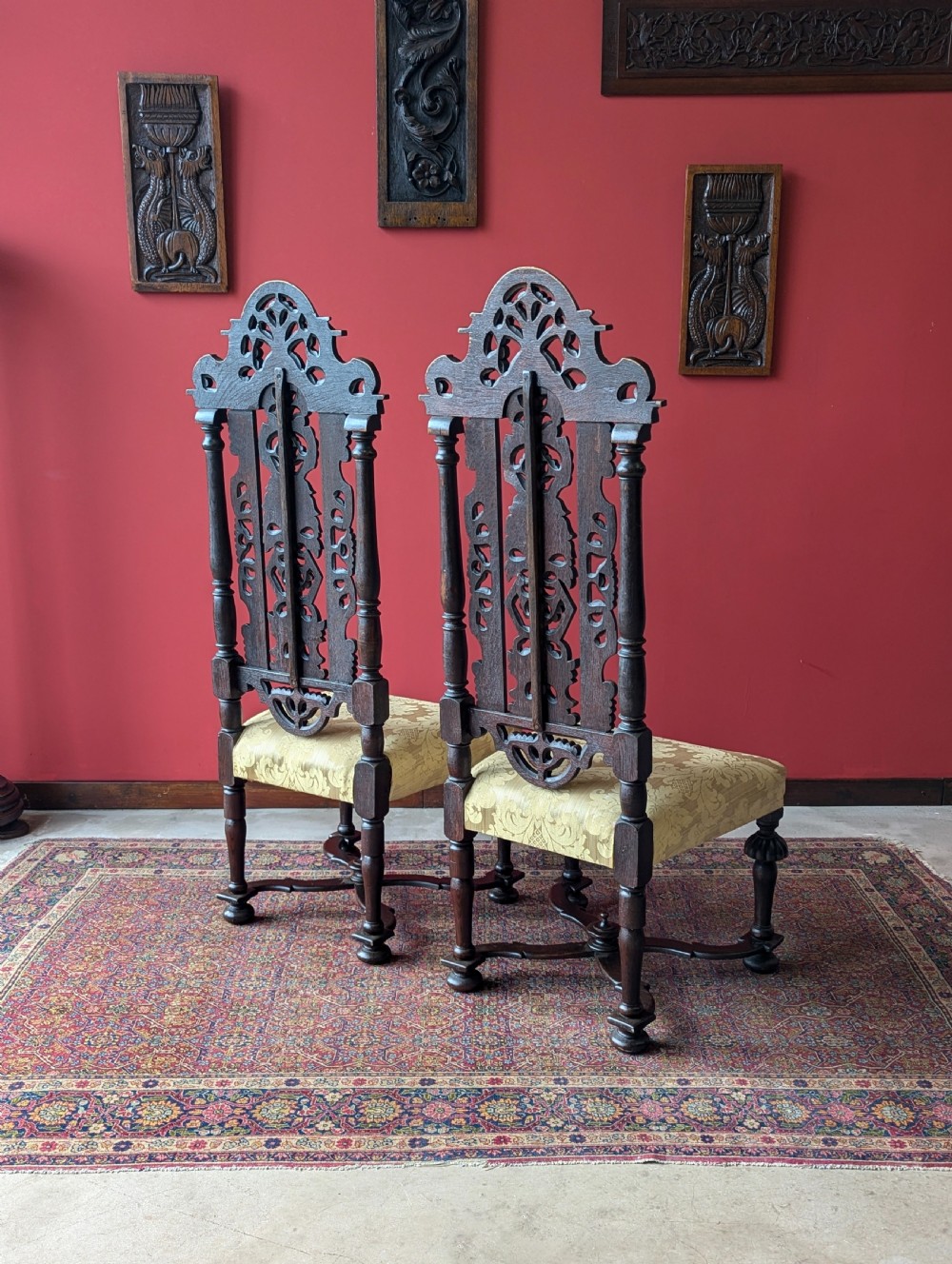 Pair of Antique Late 19th Century Oak William & Mary Style High Back Side Chairs View IX