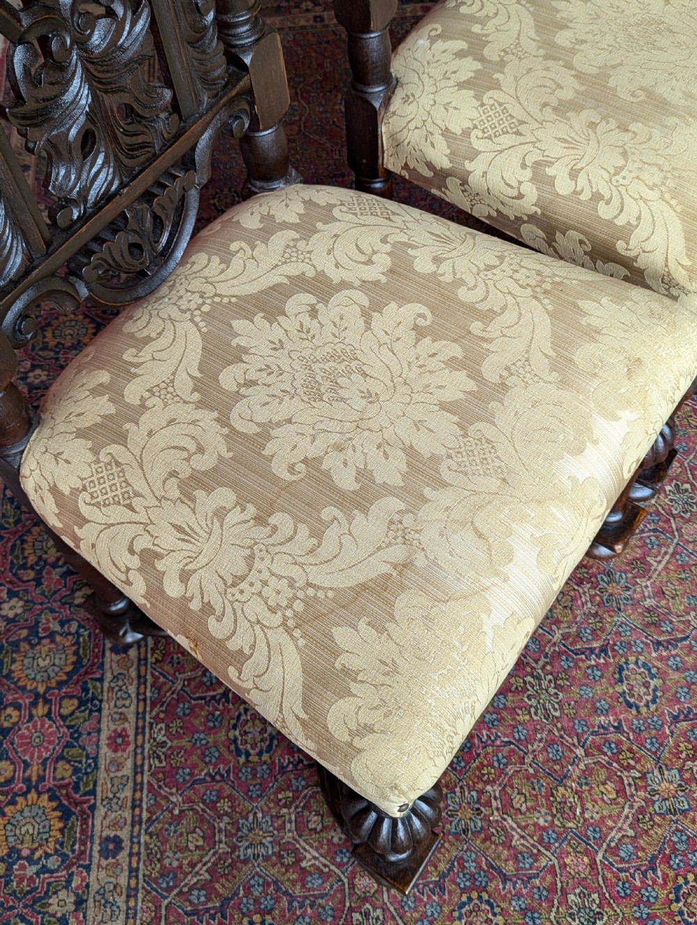 Pair of Antique Late 19th Century Oak William & Mary Style High Back Side Chairs View X