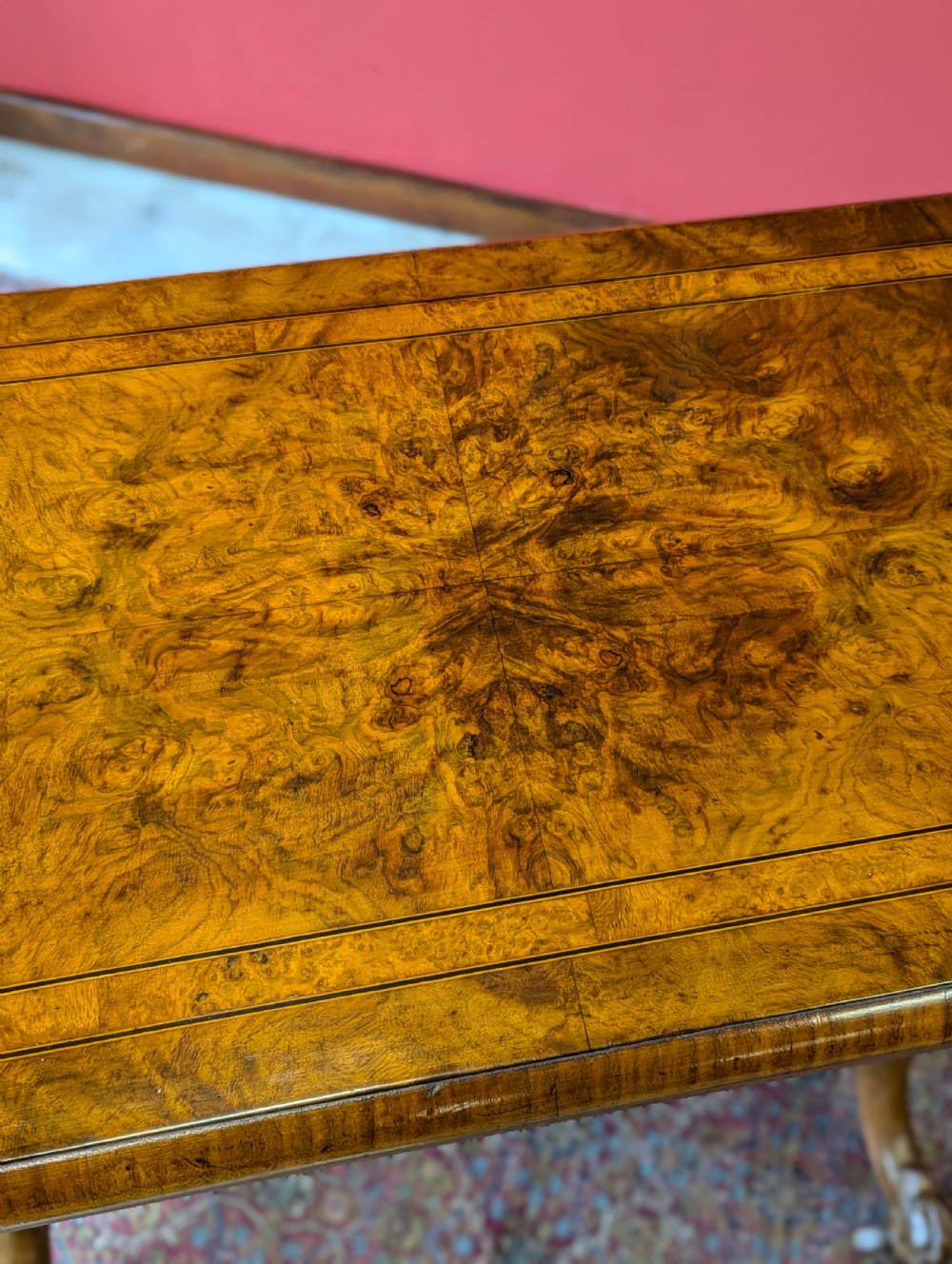 Antique Victorian Burr Walnut Fold Over Card Table View VI