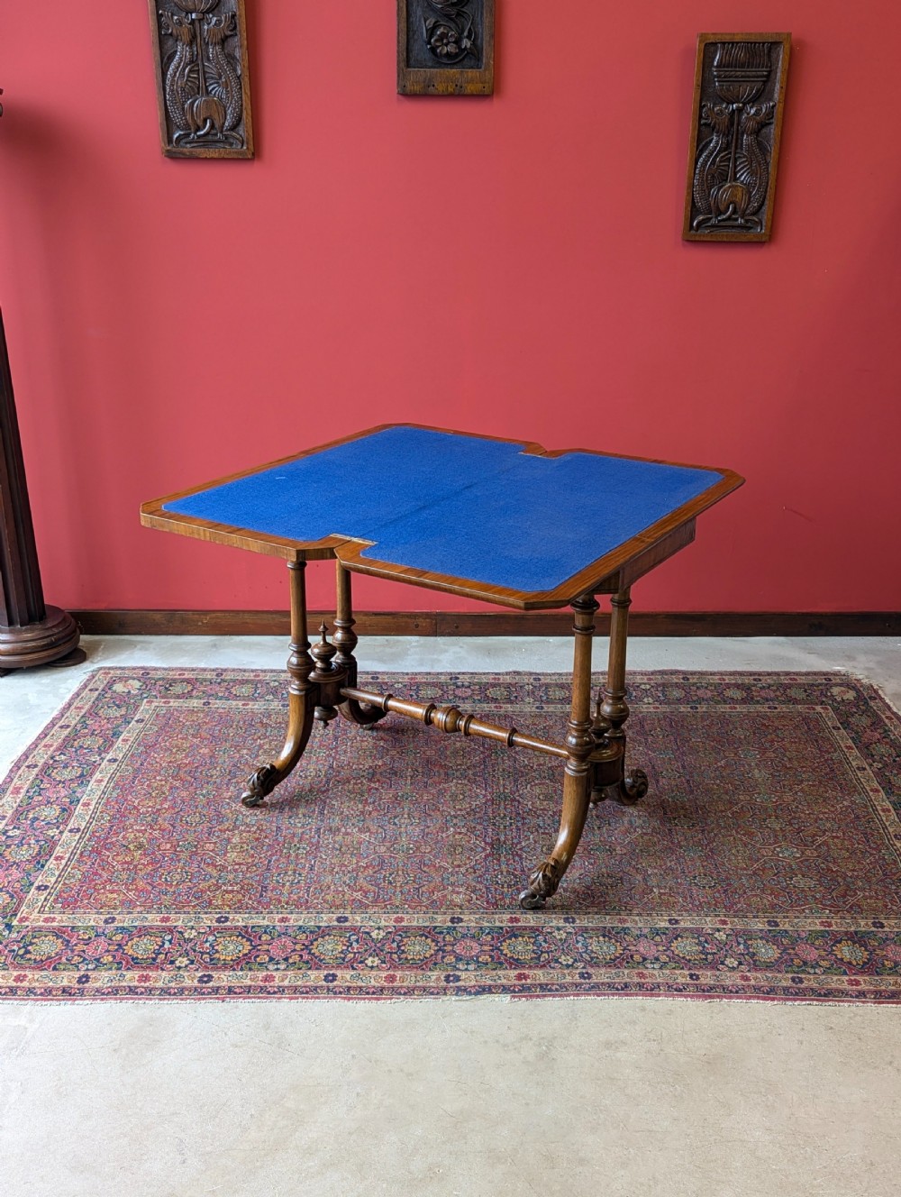 Antique Victorian Burr Walnut Fold Over Card Table View VII