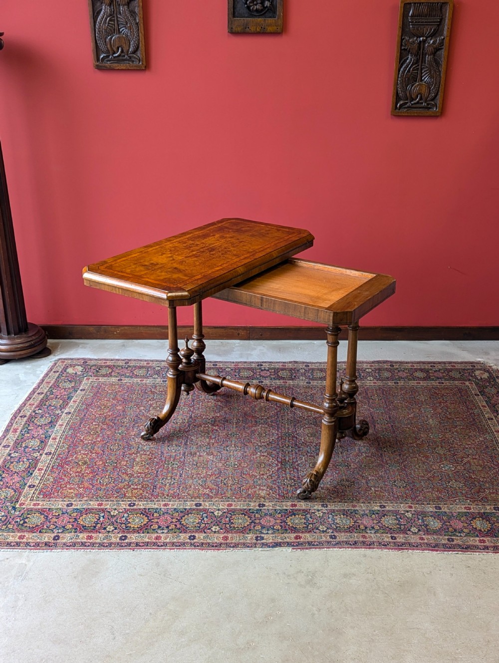 Antique Victorian Burr Walnut Fold Over Card Table View VIII
