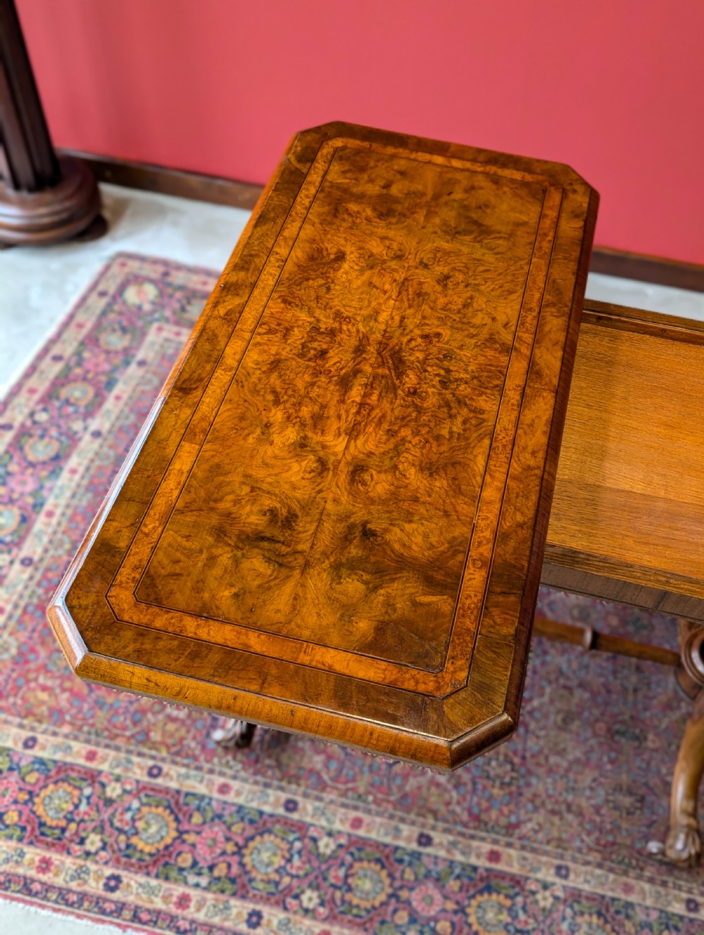 Antique Victorian Burr Walnut Fold Over Card Table View IX
