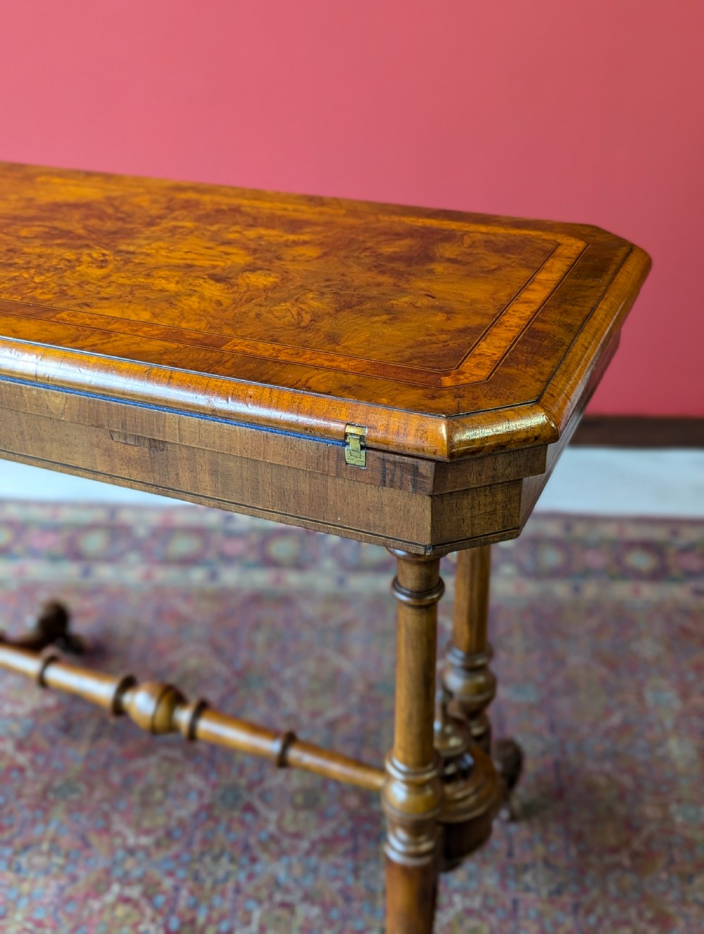 Antique Victorian Burr Walnut Fold Over Card Table View X