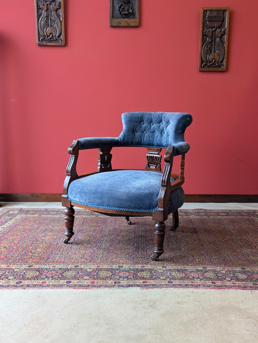 Antique Victorian Mahogany Blue Tub Chair