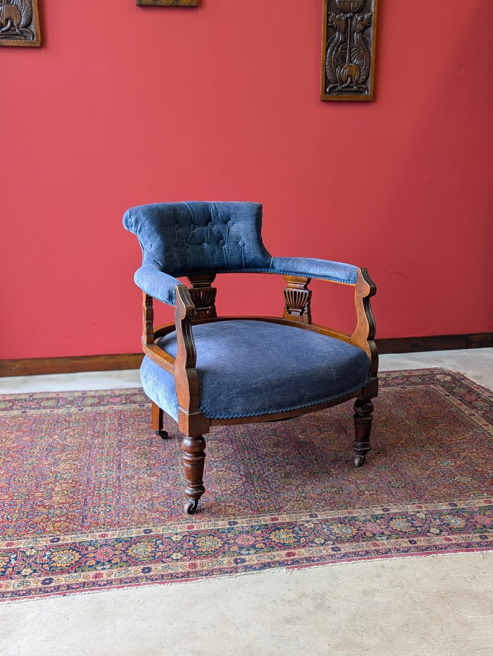 Antique Victorian Mahogany Blue Tub Chair View II